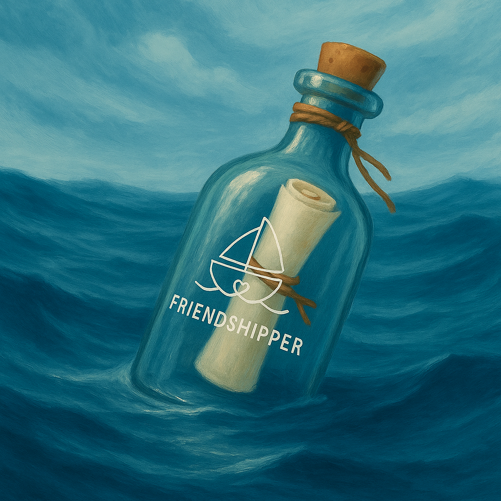 Graphic of a message bottle at Sea with Frienshipper logo